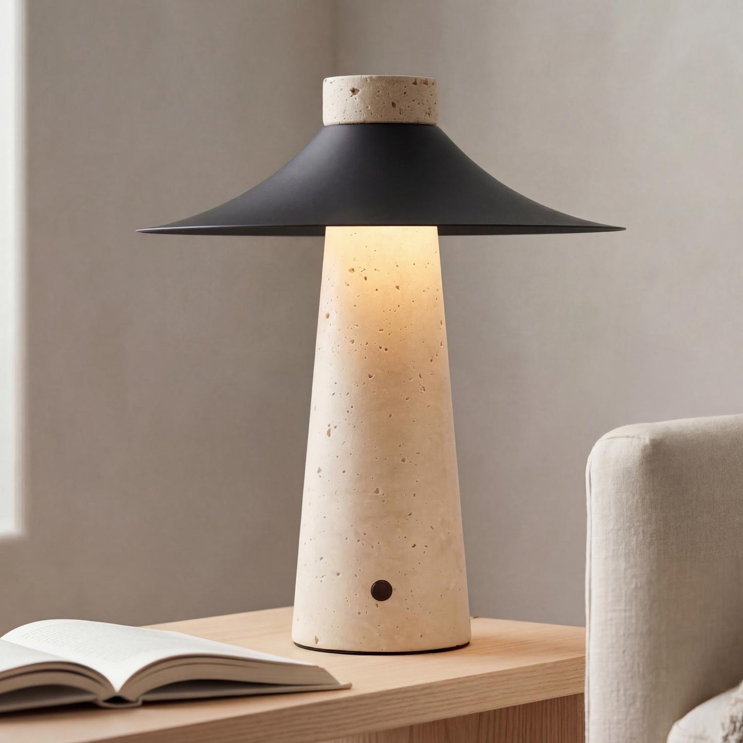 Akari Rechargeable Table Lamp 12", Travertine and Urban Bronze